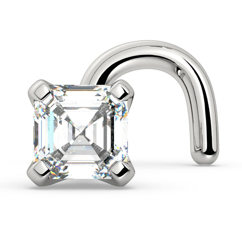 14k white gold 2.6mm Asscher diamond nose ring with twist screw backing, side profile view