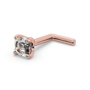 14k rose gold Asscher-cut diamond nose stud with L-post backing, showing warm rose metal tone