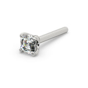 14k white gold Asscher-cut diamond straight post nose stud showing straight pin and four-prong setting