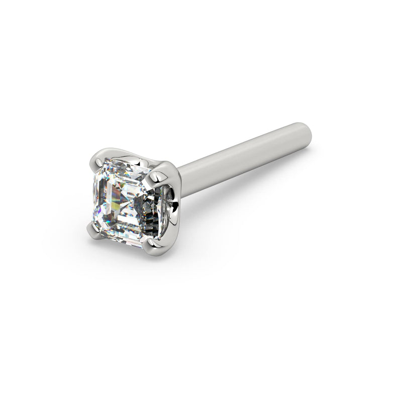 14k white gold Asscher-cut diamond straight post nose stud showing straight pin and four-prong setting