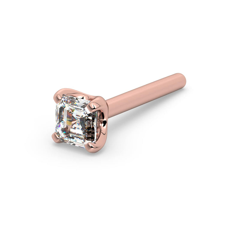 14k rose gold Asscher-cut diamond straight post nose stud, angled view showing plain straight pin