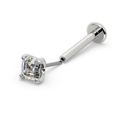 14k white gold Asscher diamond threadless flat back labret with push-pin end detached, angled view