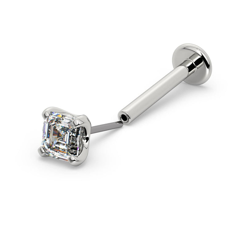 14k white gold Asscher diamond threadless flat back labret with push-pin end detached, angled view
