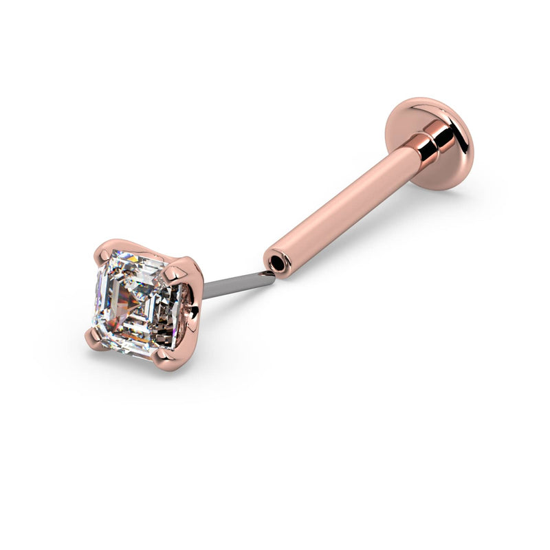 14k rose gold Asscher diamond threadless flat back labret with push-pin end detached, angled view