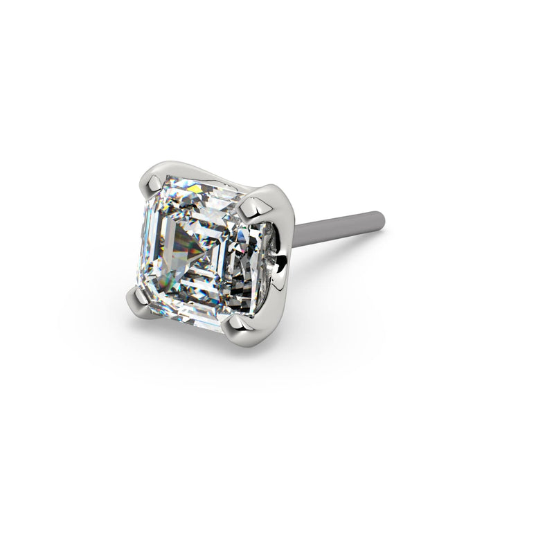 14k white gold 2.6mm Asscher-cut diamond pushpin end only, side angle showing four-prong setting depth