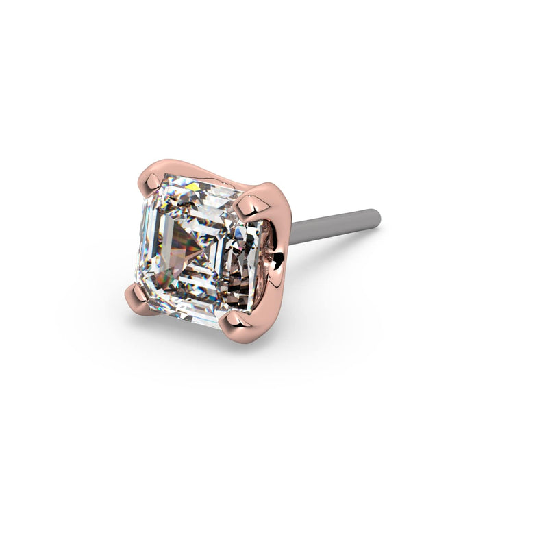 14k rose gold 2.6mm Asscher-cut diamond pushpin end only, angled view showing four-prong setting