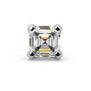 Front view of 2.6mm Asscher-cut diamond in 14k white gold four-prong setting, stepped facets visible