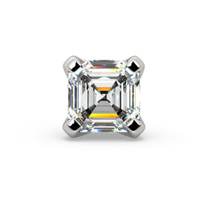 Front view of 2.6mm Asscher-cut diamond in 14k white gold four-prong setting, stepped facets visible
