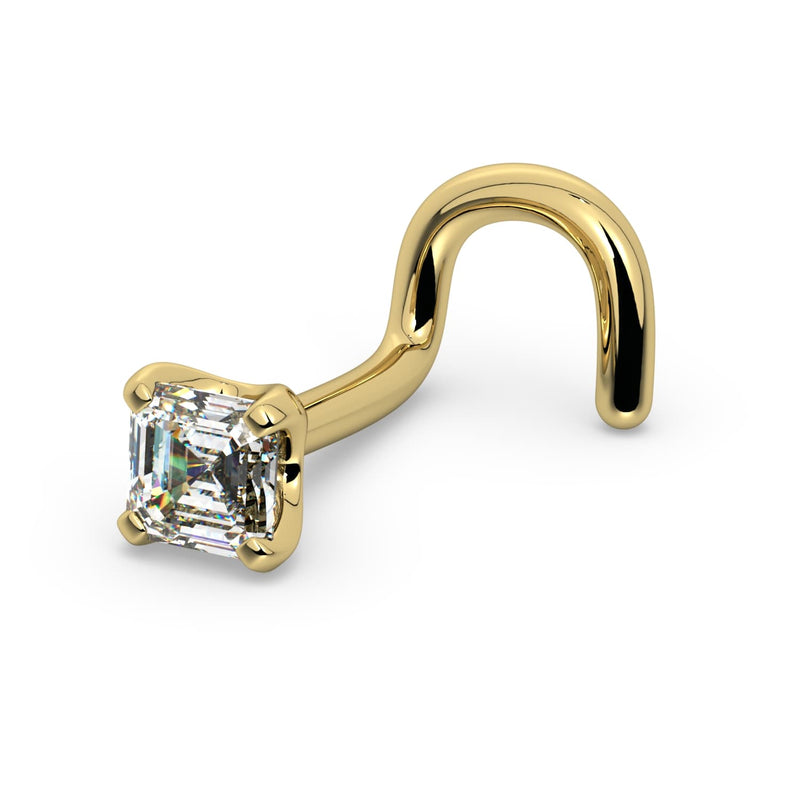 14k yellow gold Asscher-cut diamond nose ring with twist screw backing, angled view showing full shape