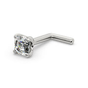 14k white gold Asscher-cut diamond nose stud with L-shaped post backing, angled view