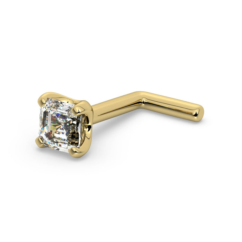14k yellow gold 2.6mm Asscher diamond nose ring with L-post backing, side angle view