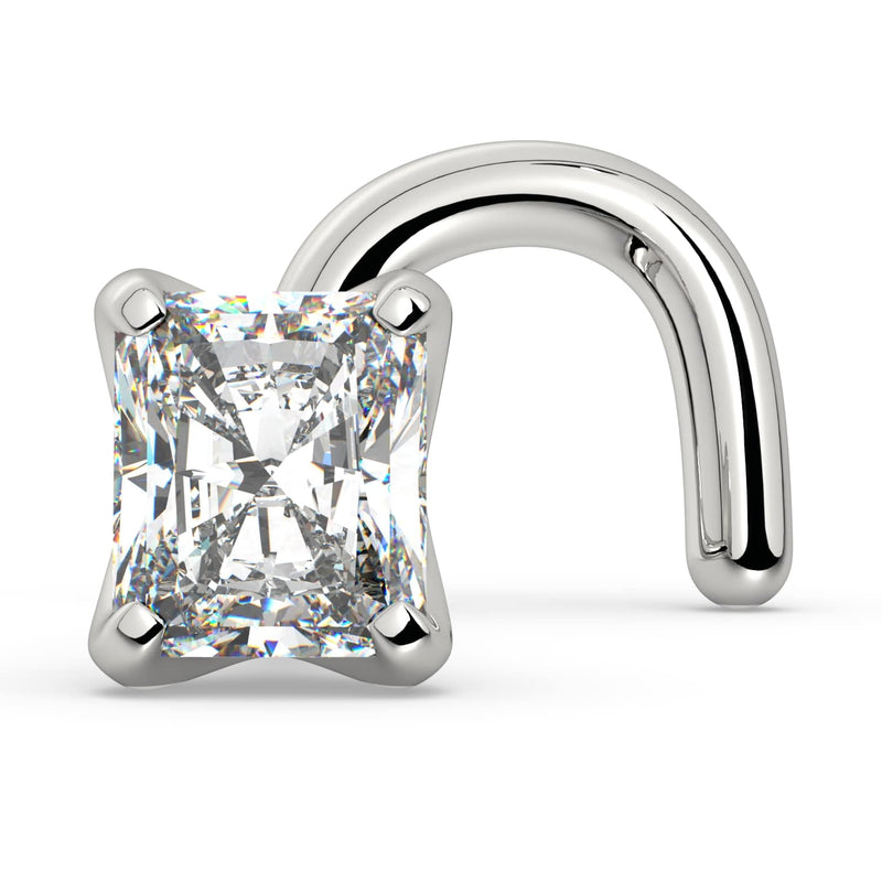 14k white gold radiant-cut diamond nose ring, twist style showing curved post and four-prong diamond setting