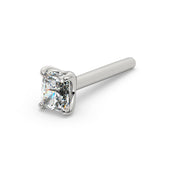 14k white gold radiant-cut diamond straight-post nose stud, angled view showing long straight pin and setting