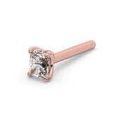 14k rose gold radiant-cut diamond straight-post nose stud, angled view showing post and prong-set diamond