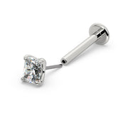 14k white gold radiant-cut diamond threadless labret, separated view showing push-pin stem and flat disc backing