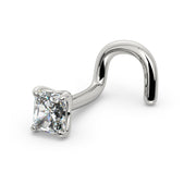 14k white gold radiant-cut diamond nose screw, angled view showing twist post shape and prong-set stone