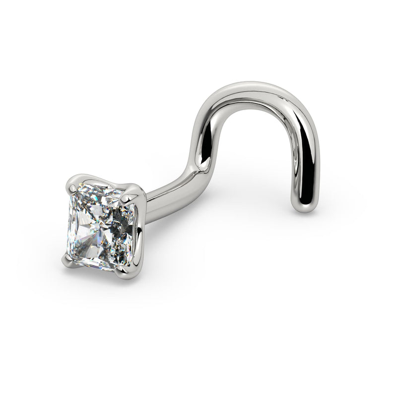 14k white gold radiant-cut diamond nose screw, angled view showing twist post shape and prong-set stone