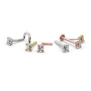 Radiant-cut diamond nose ring in yellow, white, and rose gold shown in multiple styles including twist and flatback