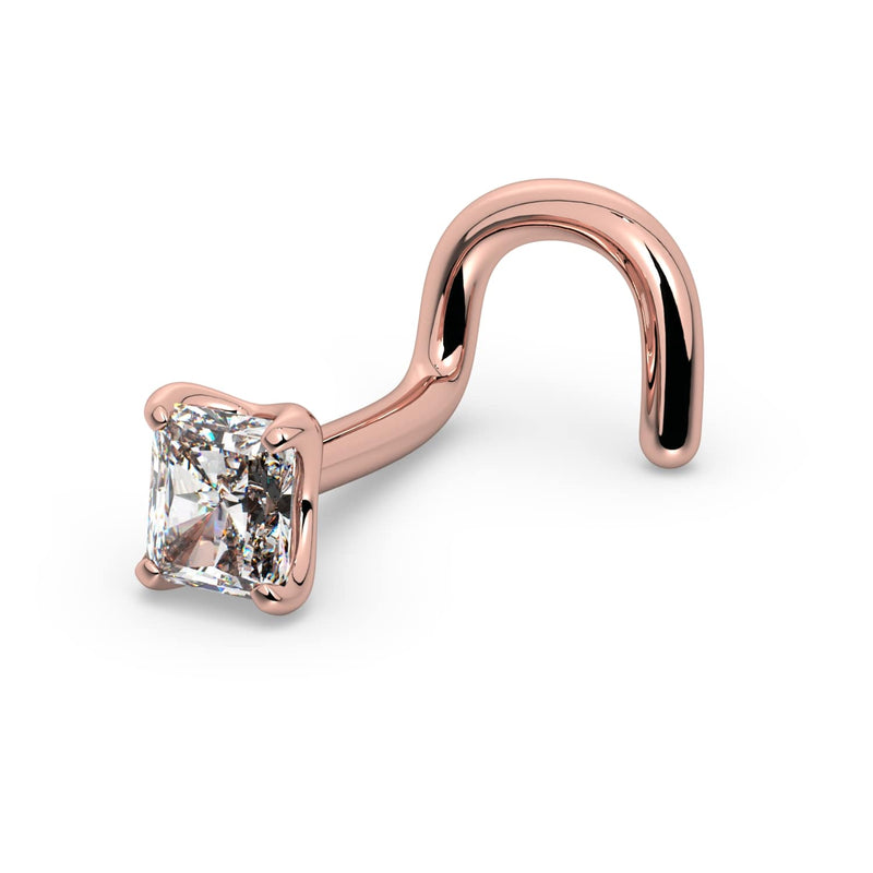 14k rose gold radiant-cut diamond nose screw, angled view showing twist post and four-prong diamond setting