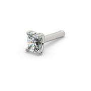 14k white gold radiant-cut diamond nose bone stud, angled view showing straight post with ball end