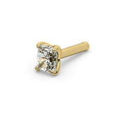 14k yellow gold radiant-cut diamond nose bone stud, angled view showing straight post and prong-set diamond