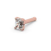 14k rose gold radiant-cut diamond nose bone stud, angled view showing straight post and four-prong setting