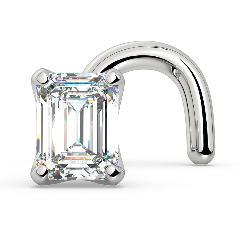 14k white gold emerald-cut diamond nose ring twist style, angled view showing screw post