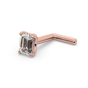 14k rose gold emerald-cut diamond nose ring L-post style, angled view with L-shaped post visible