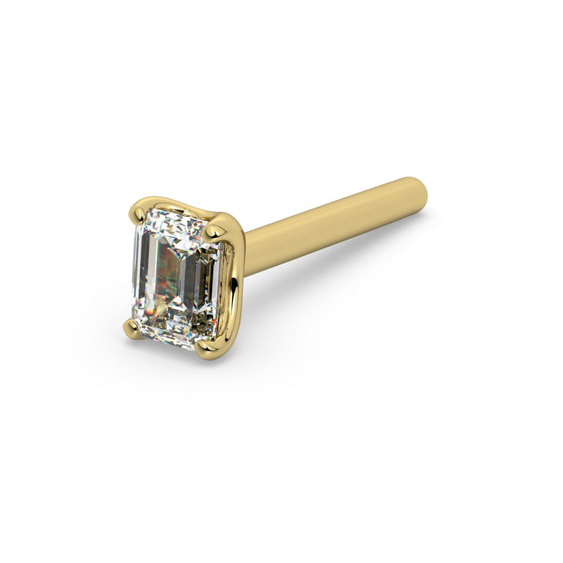 14k yellow gold emerald-cut diamond nose ring straight post style, angled view showing post length