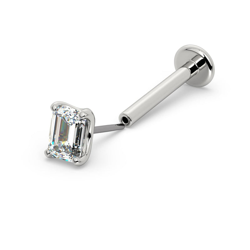 14k white gold emerald-cut diamond flat back labret, full-length view showing threaded post and disc back