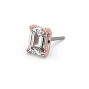 14k rose gold emerald-cut diamond threadless push-pin end, angled view showing warm prong detail and pin
