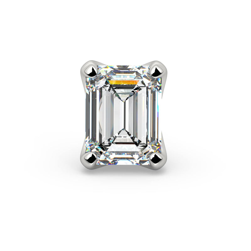 14k white gold 3mm emerald-cut diamond labret stud, straight-on front view showing hall-of-mirrors facets