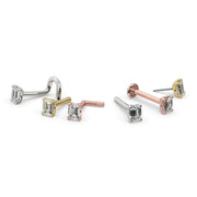 Emerald-cut diamond nose rings in white, yellow, and rose gold shown in twist and flatback styles