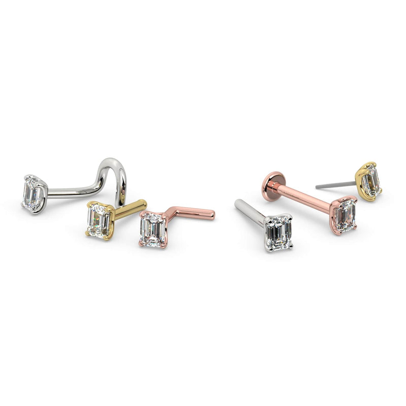 Emerald-cut diamond nose rings in white, yellow, and rose gold shown in twist and flatback styles