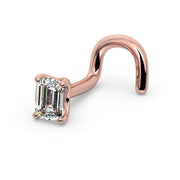14k rose gold emerald-cut diamond nose ring twist style, angled view with screw post