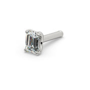 14k white gold emerald-cut diamond nose bone stud, angled view with rounded post end visible