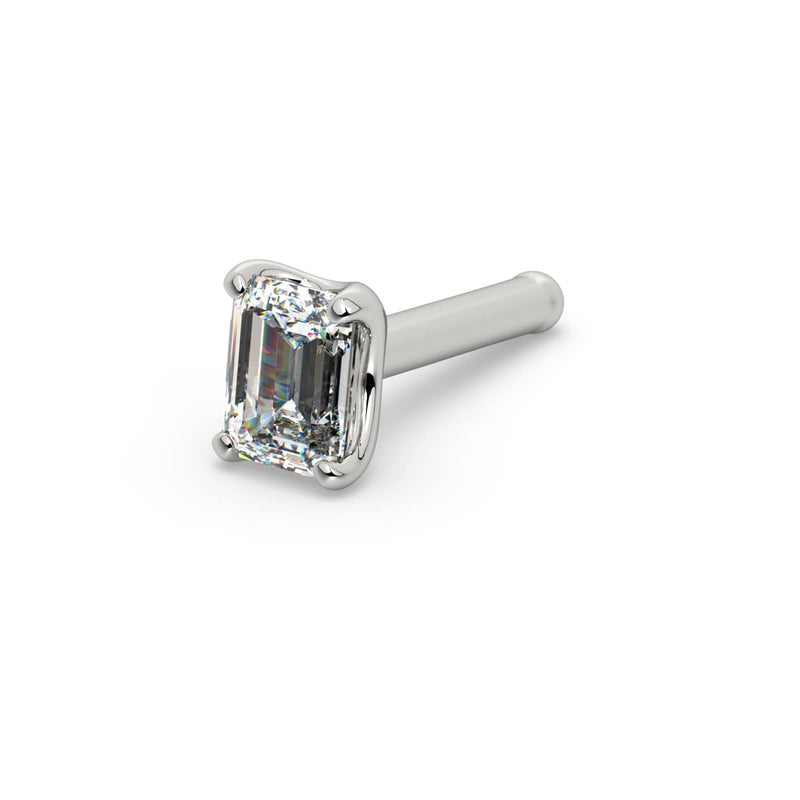 14k white gold emerald-cut diamond nose bone stud, angled view with rounded post end visible