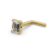 14k yellow gold emerald-cut diamond nose ring L-post style, angled view showing bent post