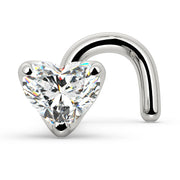 14k white gold heart diamond nose ring with twist screw backing, angled side view