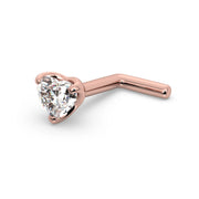14k rose gold heart-cut diamond nose ring with L-post backing, angled side view
