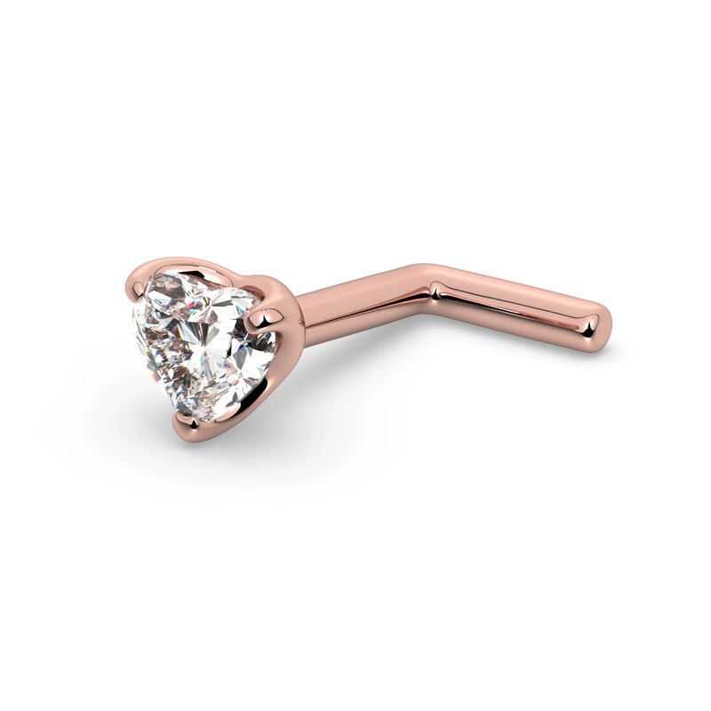 14k rose gold heart-cut diamond nose ring with L-post backing, angled side view
