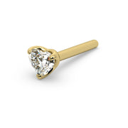 14k yellow gold 3mm heart diamond straight post nose stud, angled view showing full pin