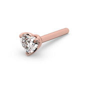 14k rose gold heart-cut diamond straight post nose stud, angled view showing post length