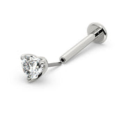 14k white gold heart diamond threadless flat back labret, side view showing push-pin post connection