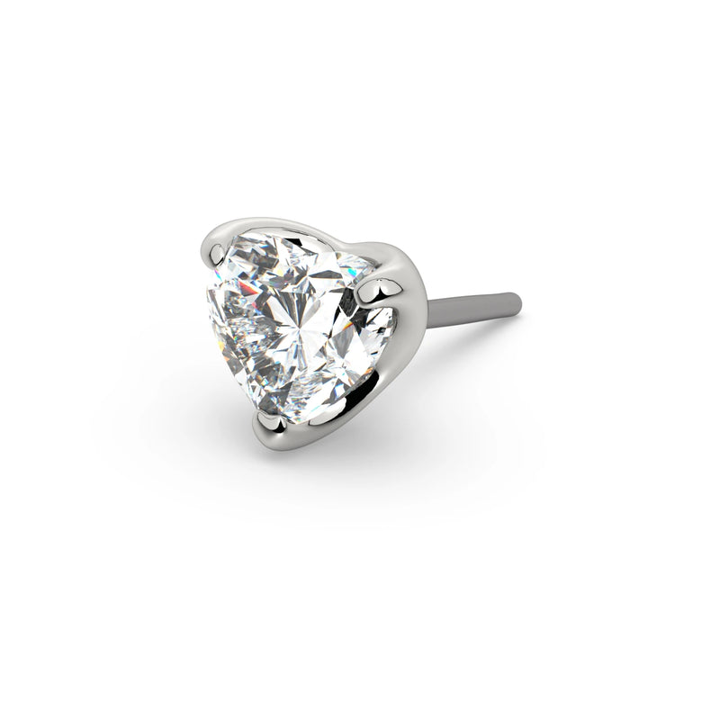 14k white gold 3mm heart-cut diamond threadless push-pin end only, angled view showing setting detail