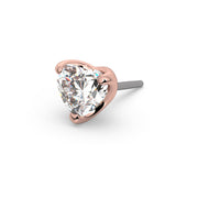 14k rose gold 3mm heart-cut diamond threadless push-pin end only, angled view showing bent pin