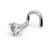 14k white gold heart-cut diamond nose ring with twist screw post, side profile detail
