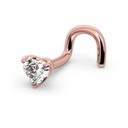 14k rose gold heart diamond nose ring with twist screw backing, angled side view