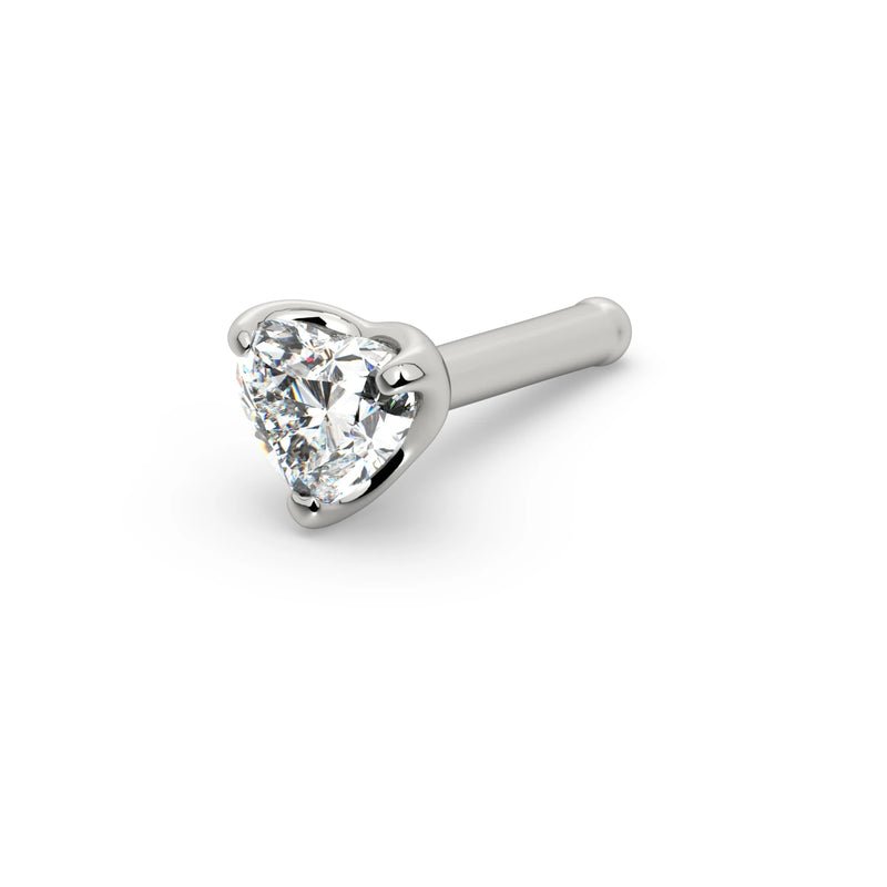 14k white gold heart-cut diamond nose ring with straight bone post, angled product view