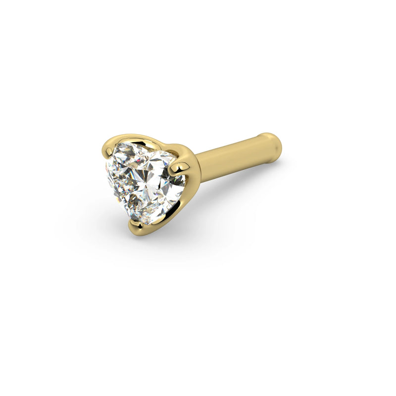 14k yellow gold 3mm heart diamond nose ring with straight bone post style, angled view